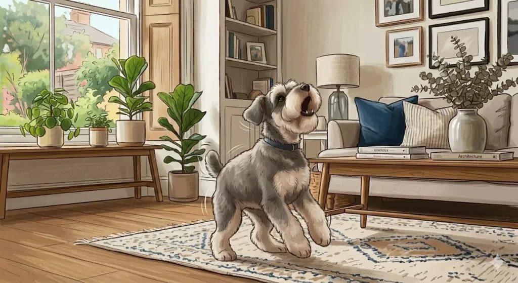 来客やインターホンの音に興奮してリビングのカーペットの上で吠える犬（ミニチュアシュナウザー）のイラスト