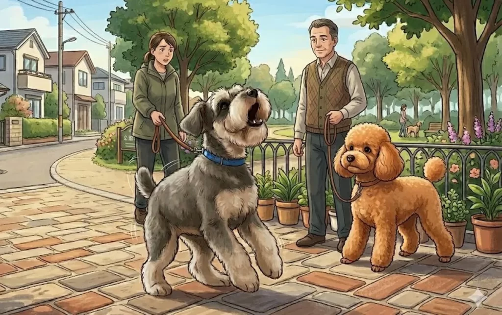 お散歩中に他の犬やすれ違う人と出会い、警戒心や威嚇で吠えてしまう犬のイラスト
